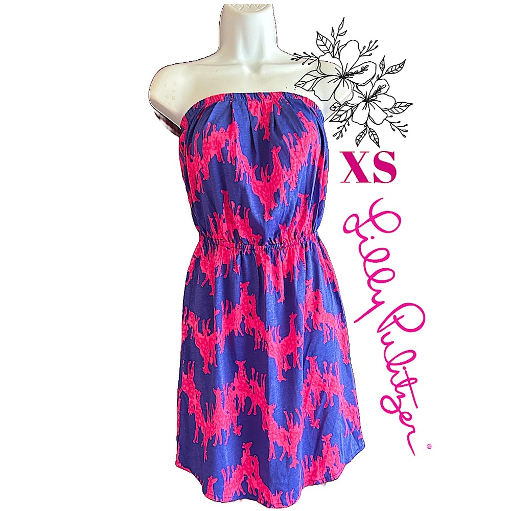 Lilly Pulitzer WINDSOR Giraffe Strapless Dress, Blue Iris / Pink, Size: XS